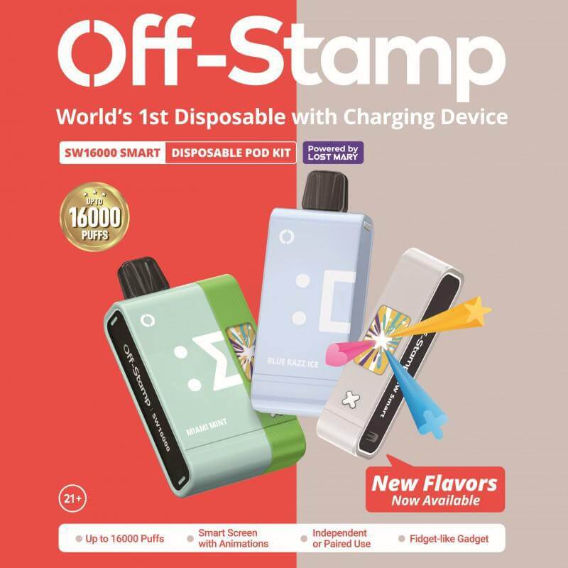 Off-Stamp SW16000 Disposable Smart Kit with new flavors and charging features, highlighting innovation in vaping.