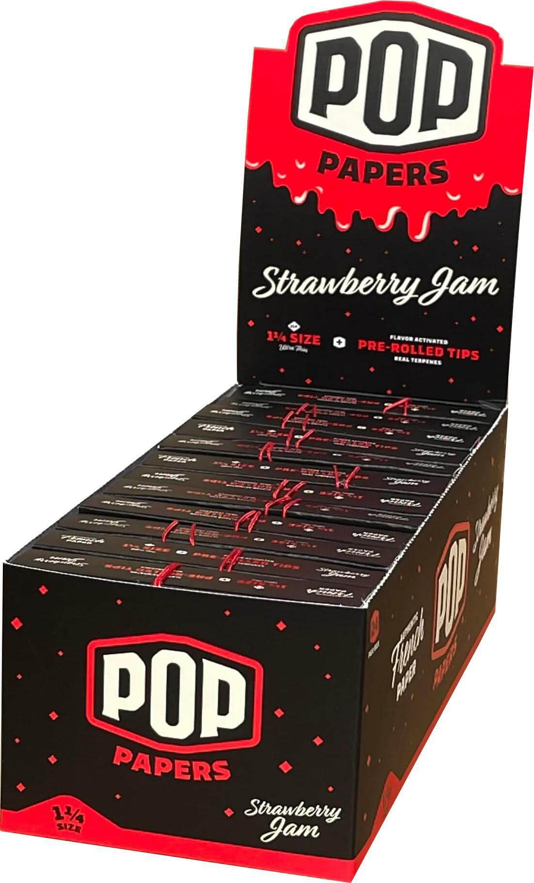 Pop Papers 1 1/4 size strawberry jam flavored rolling papers with pre-rolled terpene infused tips display.