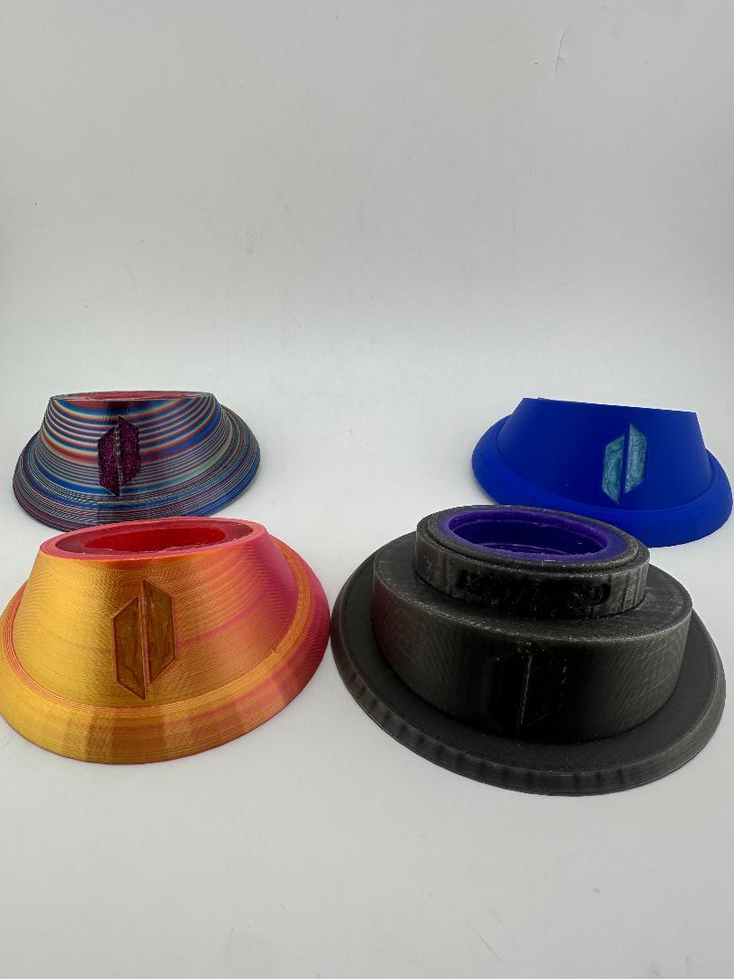 Colorful Kandy Custom 3-D Prints Puffco Peak Pro glass stand accessories displayed together.