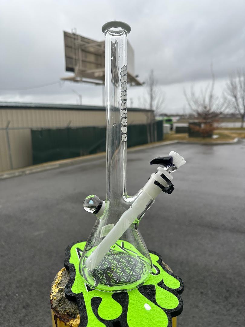 HighGrade Glass Flower Beaker - Simple Color Accent w/ Sacred Geometry Bake On, Marble Attachment and 4 Hole Slide