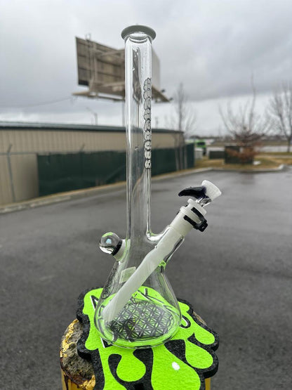 HighGrade Glass Flower Beaker - Simple Color Accent w/ Sacred Geometry Bake On, Marble Attachment and 4 Hole Slide
