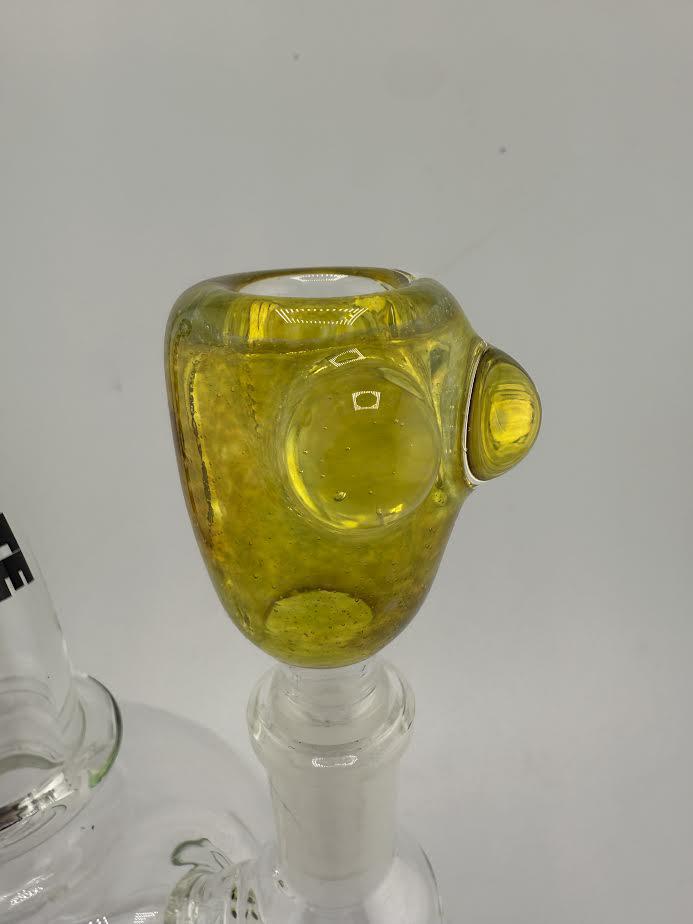 Close-up of a yellow 14mm bowl piece with unique texture, showcasing vibrant color and handcrafted design.