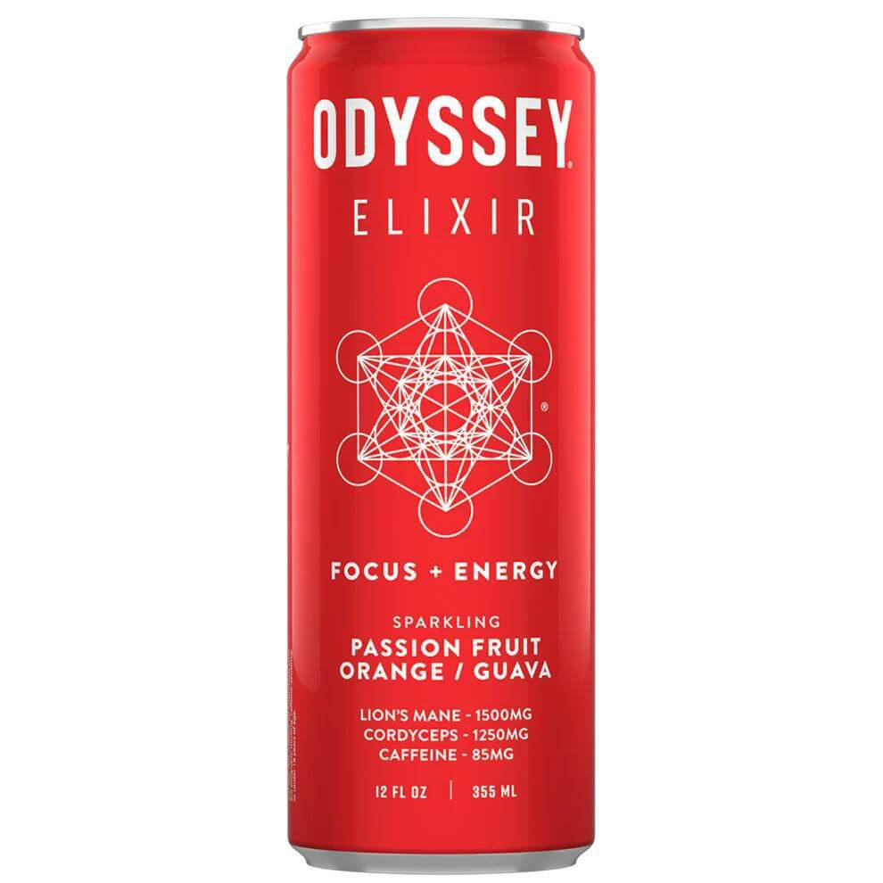 Odyssey Mushroom Elixir Core Sparkling Energy Drink with Passion Fruit, Orange, and Guava flavors, 85mg caffeine.