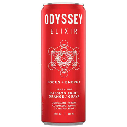 Odyssey Mushroom Elixir Core Sparkling Energy Drink with Passion Fruit, Orange, and Guava flavors, 85mg caffeine.