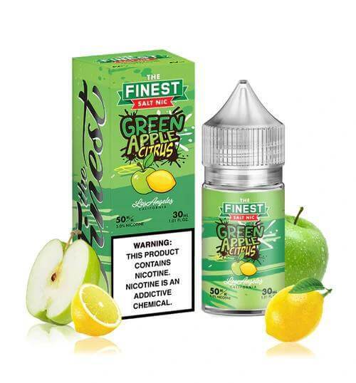 Finest Salt Nicotine Green Apple Citrus 30ml vape juice with green apple and lemon slices.