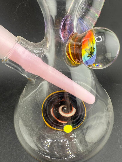 Brando Glass Mini Beaker - Line Worked Horn & Rainbow Hemp Leaf Millie w/ Pink Downstem 10mm 45°