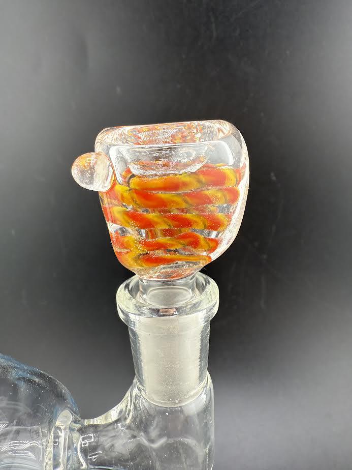 Colorful flat face bowl piece with swirling design, 14mm, made from durable borosilicate glass for water pipes.