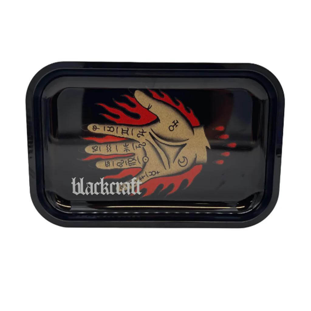 Blackcraft Cult Small Rolling Tray featuring an intricate hand design with flames, perfect for stylish smokers.