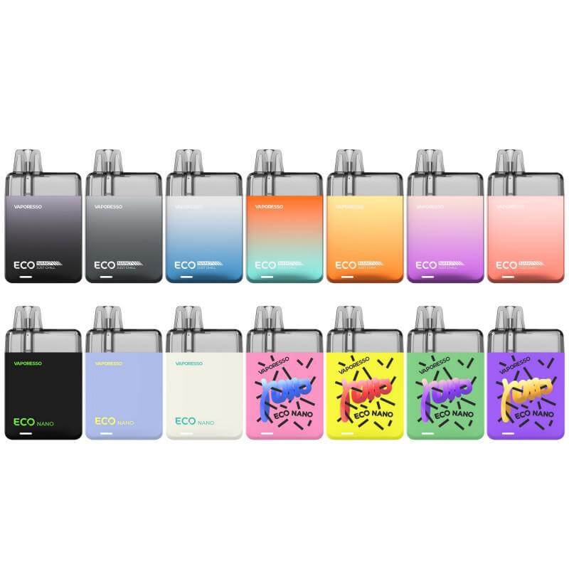 Assorted Vaporesso Eco Nano pod systems in various colors showcasing their eco-friendly design and 6mL capacity.