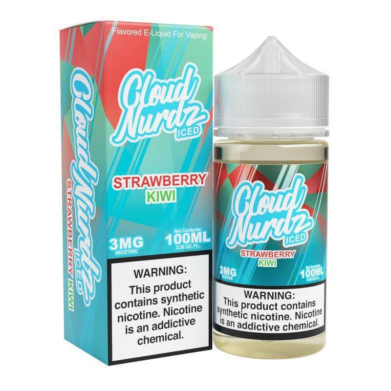 Cloud Nurdz Iced 100ml Strawberry Kiwi e-liquid for vaping with nicotine warning.