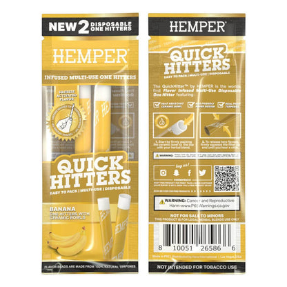 Hemper QuickHitters package featuring flavor-infused disposable one hitters, banana flavor, multi-use design.