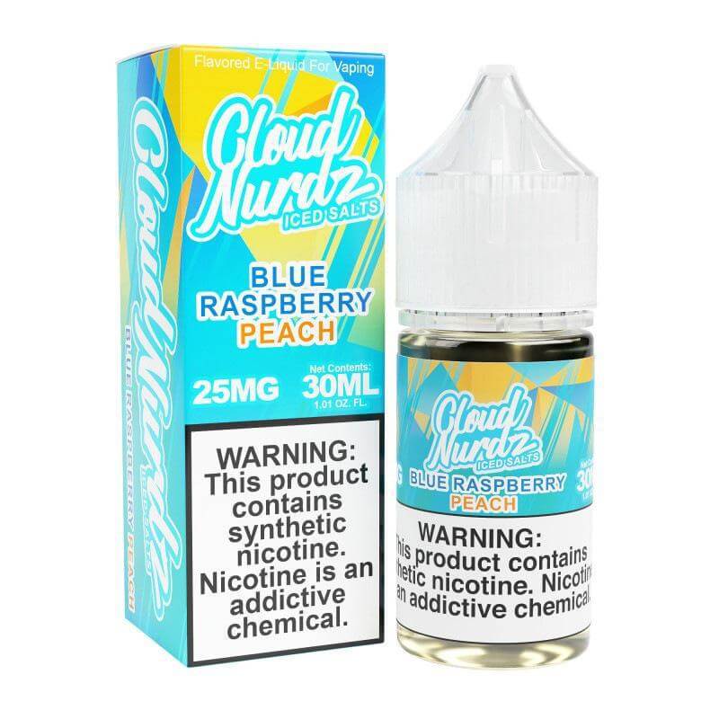 Cloud Nurdz Iced 30ml Blue Raspberry Peach vape juice bottle with packaging.