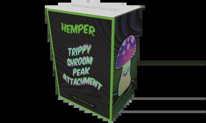 Hemper Trippy Shroom Puffco Peak Attachment box featuring vibrant mushroom design and product name.