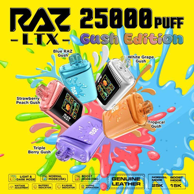 Raz Gush Edition 25000 Puff Disposable Vapes in vibrant colors: blue, white, peach, tropical, and berry flavors.