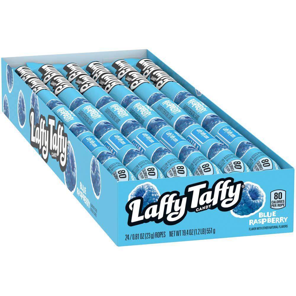 Laffy Taffy Ropes box with blue raspberry flavor, featuring chewy, fruity candy treats in a colorful packaging.