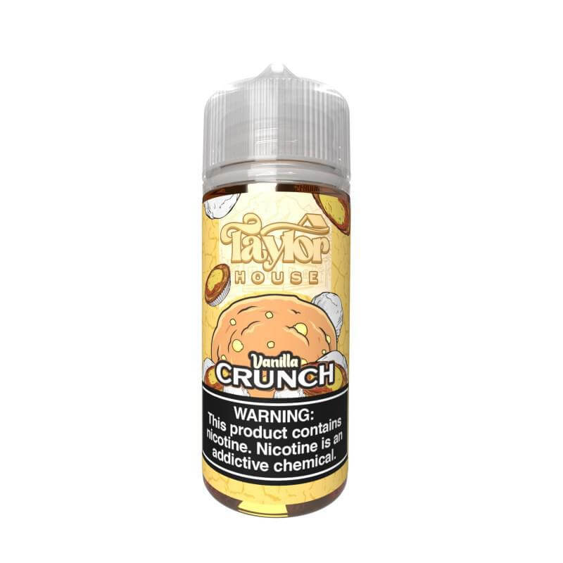 Taylor House E Liquids Vanilla Crunch vape juice bottle with warning label about nicotine addiction.