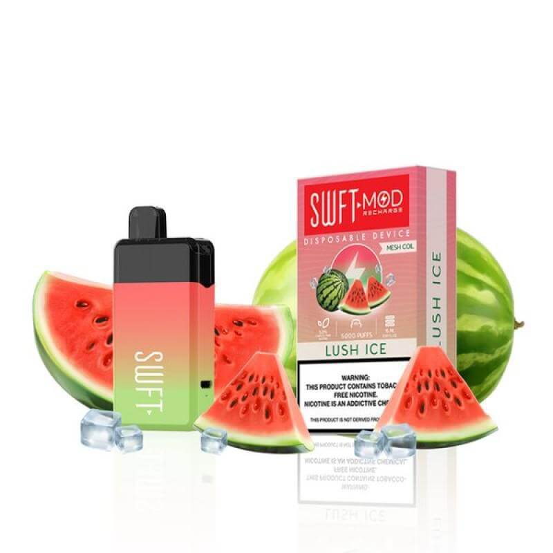 SWFT Mod 5k Disposable Vape with Lush Ice flavor and watermelon slices, showcasing a refreshing vaping experience.