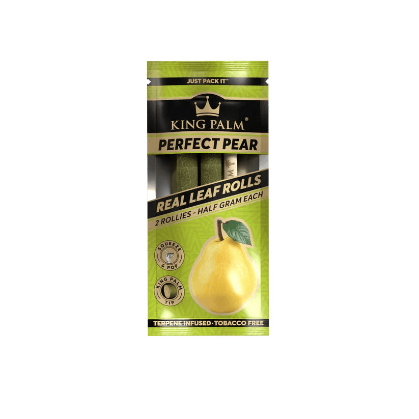 King Palm Perfect Pear 2pc Rollies pack featuring real leaf rolls and terpenes, half gram each.