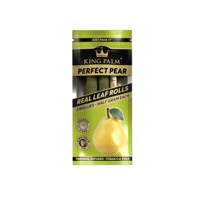 King Palm Perfect Pear 2pc Rollies pack featuring real leaf rolls and terpenes, half gram each.