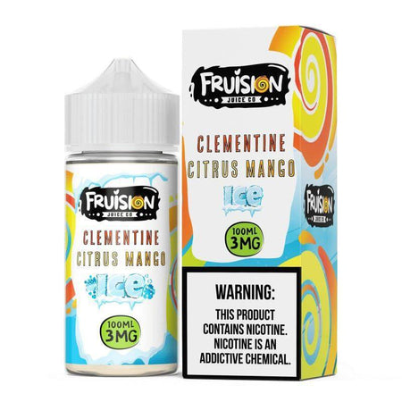 Fruision Juice Co ICE 100ml Clementine Citrus Mango e-liquid, 3mg nicotine, vibrant packaging design.