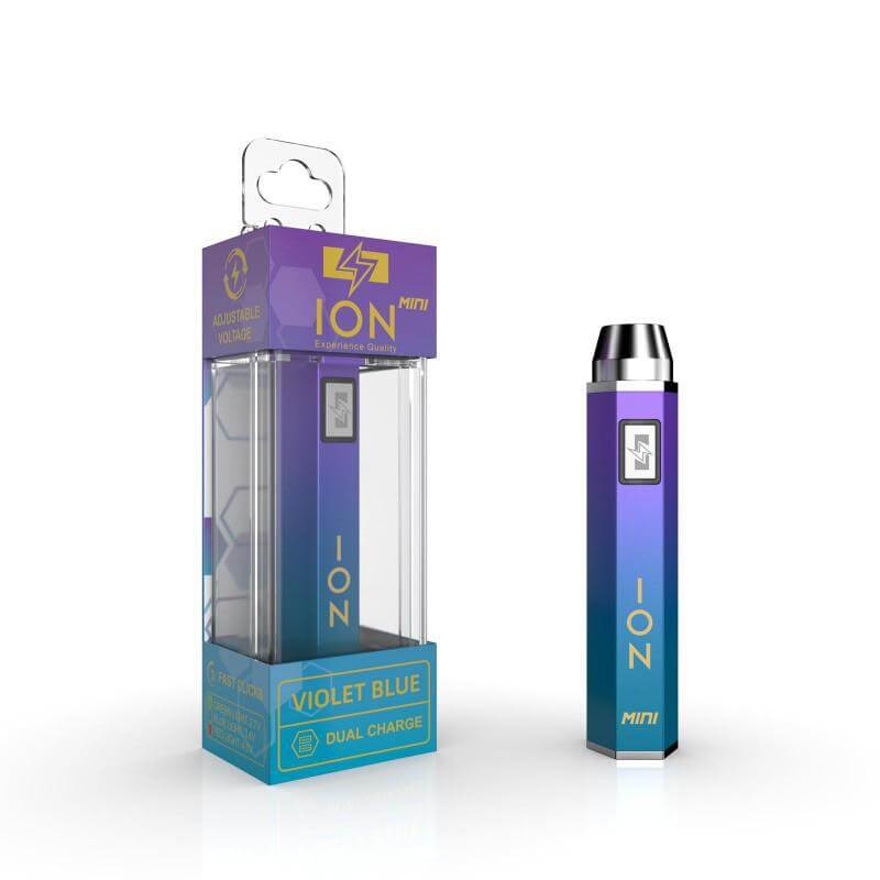 ION Mini Fusion 510 Battery in Violet Blue packaging, a powerful and compact vape pen for 510 thread cartridges.