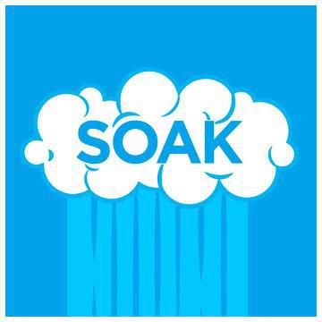 Blue graphic with text 'SOAK' and cloud-like design, emphasizing the soaking action of a cleaning product.