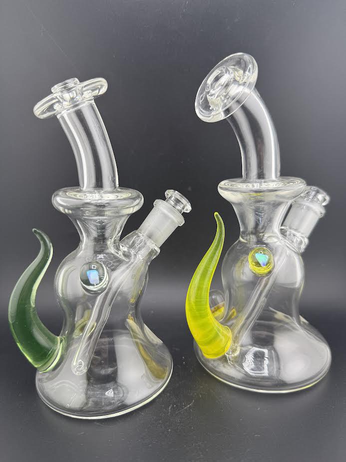 Pugsley Glass Bent Neck Clear Rig w/ Colored Horn and Opal Attachment 10mm 45°
