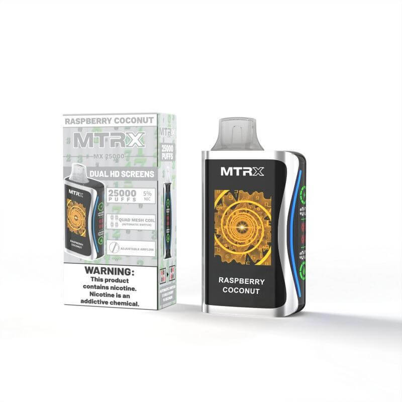 MTRX MX 25k Disposable Vape featuring Raspberry Coconut flavor and dual HD screens for enhanced performance.