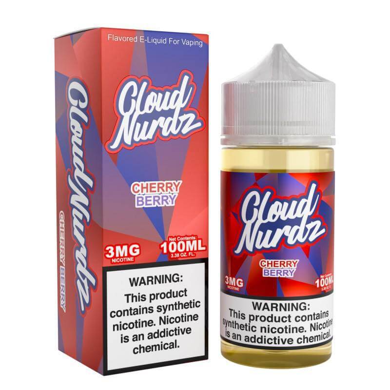 Cloud Nurdz Cherry Berry e-liquid 100ml bottle with vibrant packaging for flavorful vaping experience.