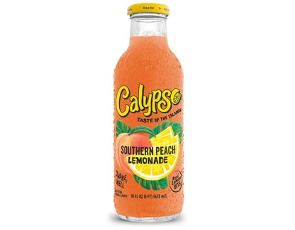 Calypso Southern Peach Lemonade 16oz bottle featuring vibrant peach and lemon graphics, refreshing and flavorful drink.