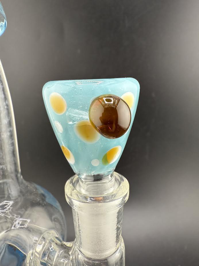 Polka Dot 14mm bowl with blue and white dots, featuring a brown accent, designed for stylish smoking experiences.