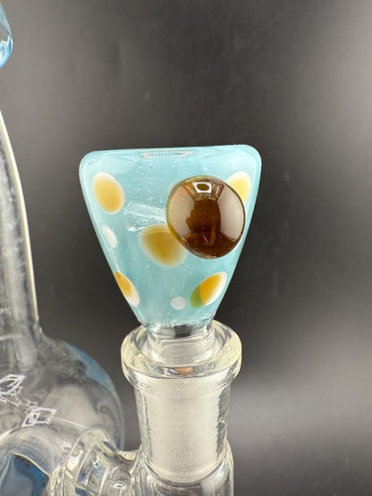 Polka Dot 14mm bowl with blue and white dots, featuring a brown accent, designed for stylish smoking experiences.