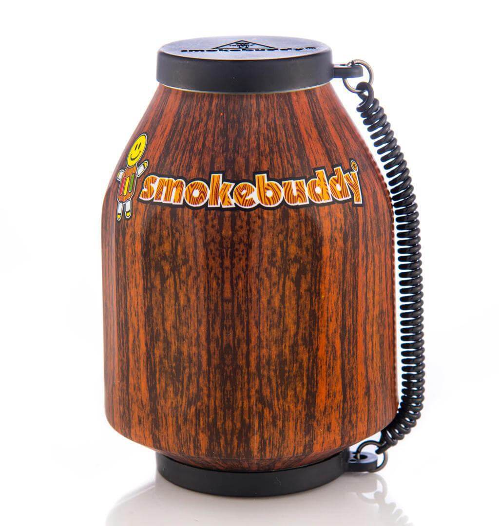 Smokebuddy Original Personal Air Filter with a wood design, keychain, and LED light for discreet smoke control.