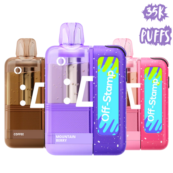 Off Stamp X-Cube Crystal Kit 35k in coffee, mountain berry, and purple with 35k puffs promotion.