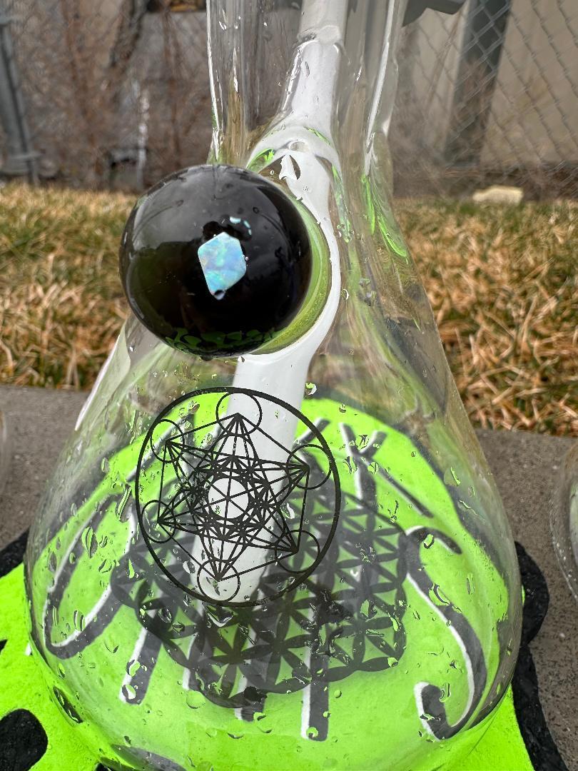 HighGrade Glass Flower Beaker - Simple Color Accent w/ Sacred Geometry Bake On, Marble Attachment and 4 Hole Slide