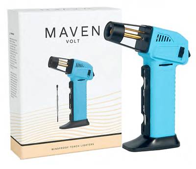 Maven Volt Butane Torch lighter in blue next to its packaging, showcasing adjustable jet flame and safety features.