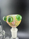 Crondo Glass Fumed Bowl 14mm with colorful silver and gold fume work, showcasing vibrant green and pink hues.