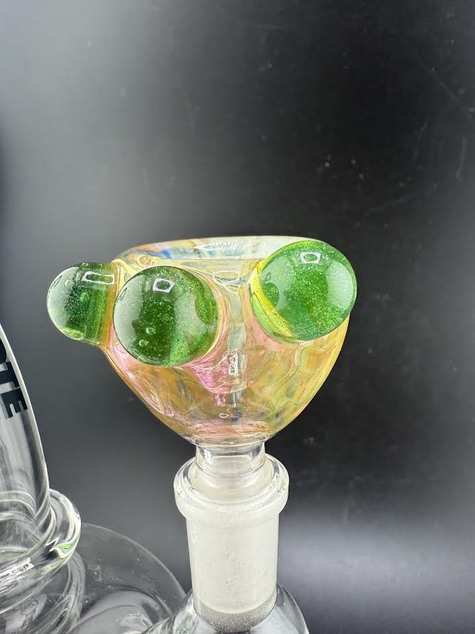 Crondo Glass Fumed Bowl 14mm with colorful silver and gold fume work, showcasing vibrant green and pink hues.