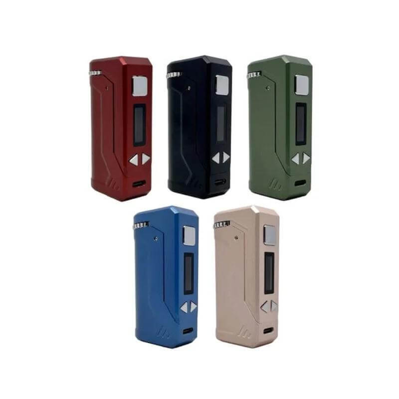 Yocan Uni Pro Plus 510 Battery in five colors: red, black, green, blue, and beige, showcasing its sleek design.