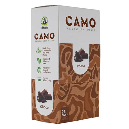 Camo Natural Leaf Wraps Choco flavor packaging with herbal ingredients and 25 packs. Nicotine and tobacco-free.