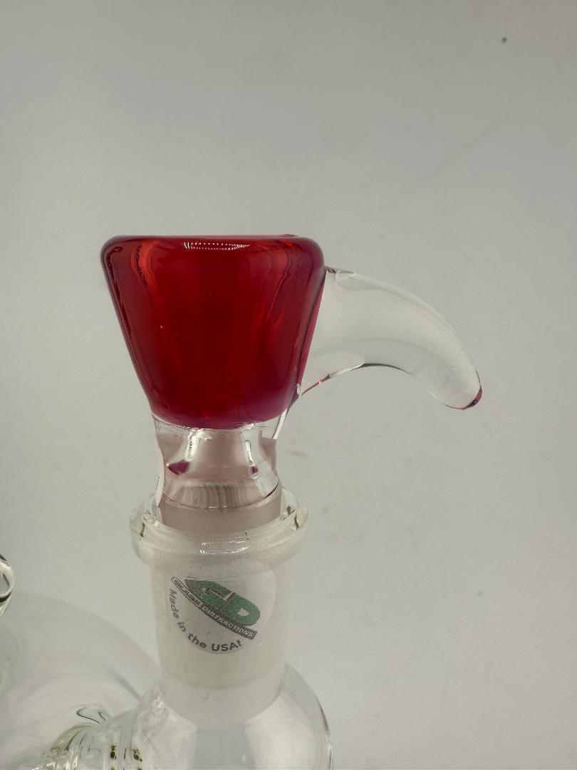 Glass Distractions Color Flare Martini Bowl with red horn handle, designed for 14mm setups, showcasing vibrant craftsmanship.