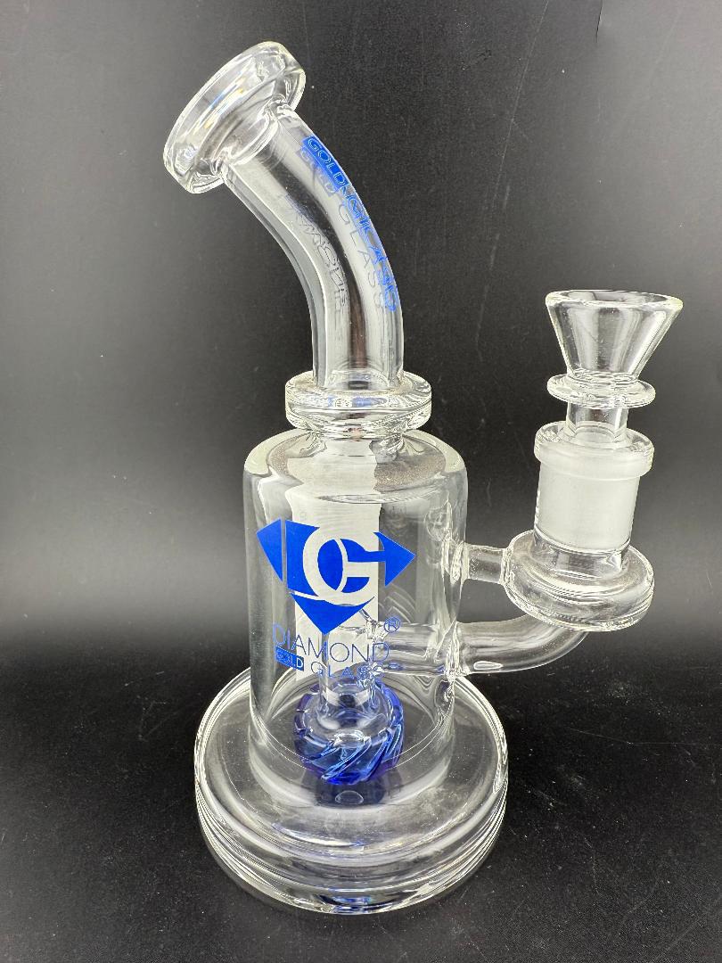 Diamond Glass 7" Chomper Banger Hanger Rig w/ Showerhead Perc 14mm 90° in clear with blue accents.