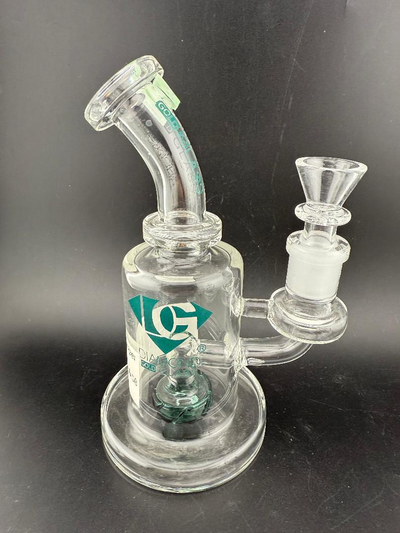 Diamond Glass 7" Chomper Banger Hanger Rig w/ Showerhead Perc 14mm 90° shown from a side angle.