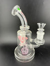 Diamond Glass 7" Chomper Banger Hanger Rig w/ Showerhead Perc 14mm 90° in clear and pink color.