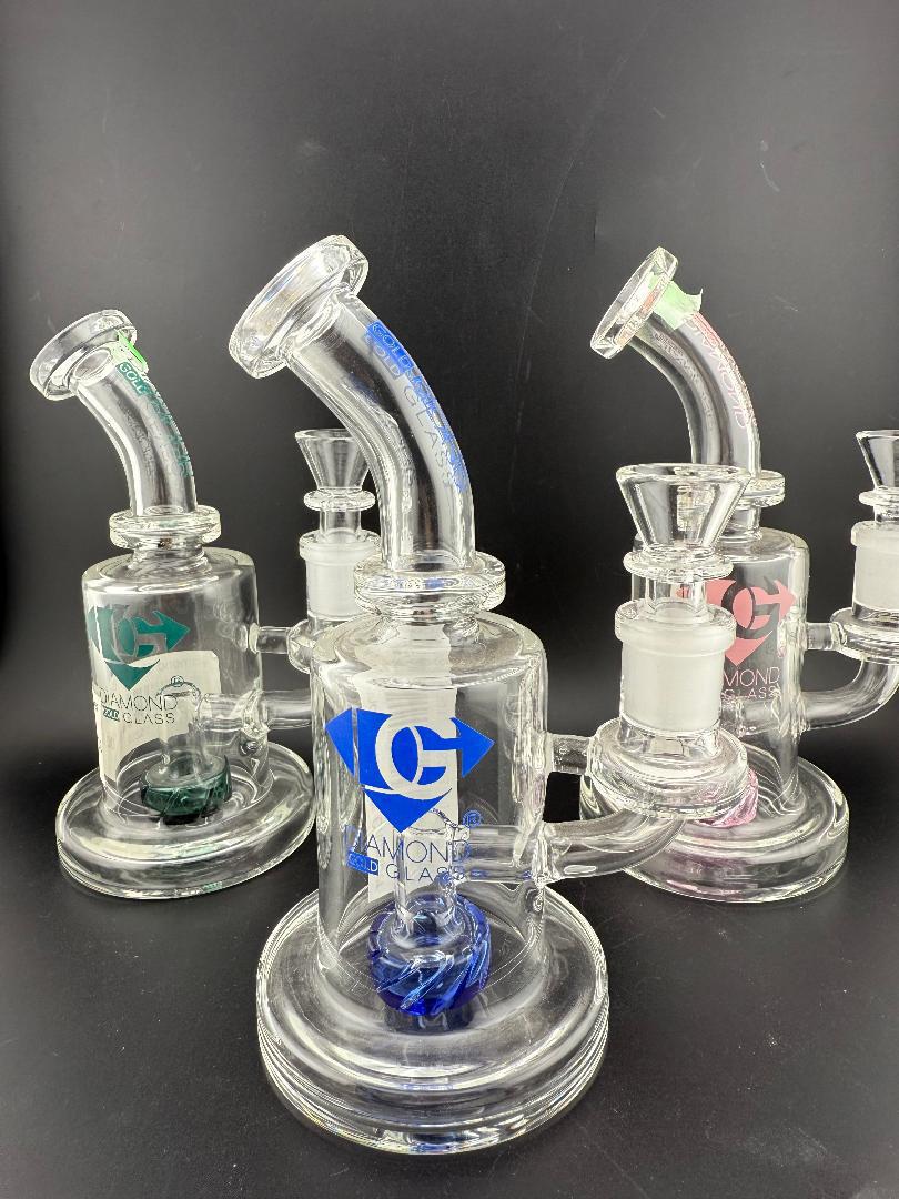 Diamond Glass 7" Chomper Banger Hanger Rig w/ Showerhead Perc 14mm 90° in assorted colors.