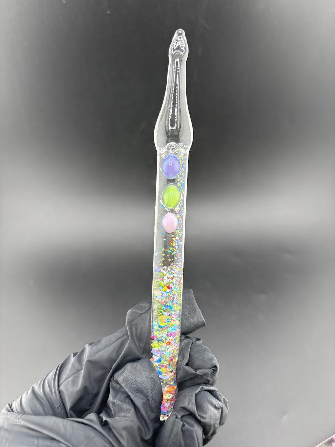 Dollhouse Glass Glitter Dab Tool with colorful floating glitter designs in a clear handle.