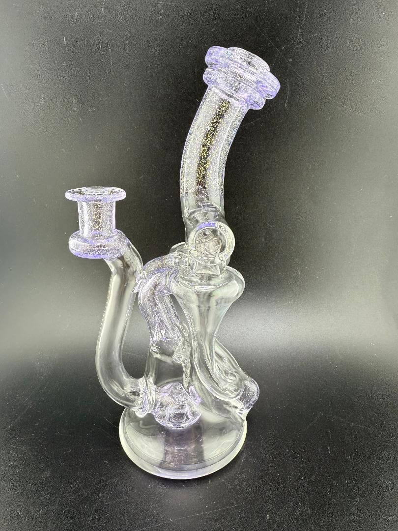 Domer Glass 2025 Purple Dichro Double Recycler 10mm rig, handcrafted for optimal smoke filtration and cooling.
