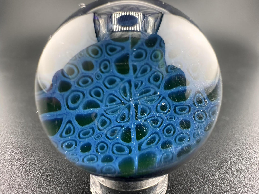 Domer Glass Marble - Blue Mitosis Millie Chip Stack UV showcasing intricate blue mitosis-inspired design.