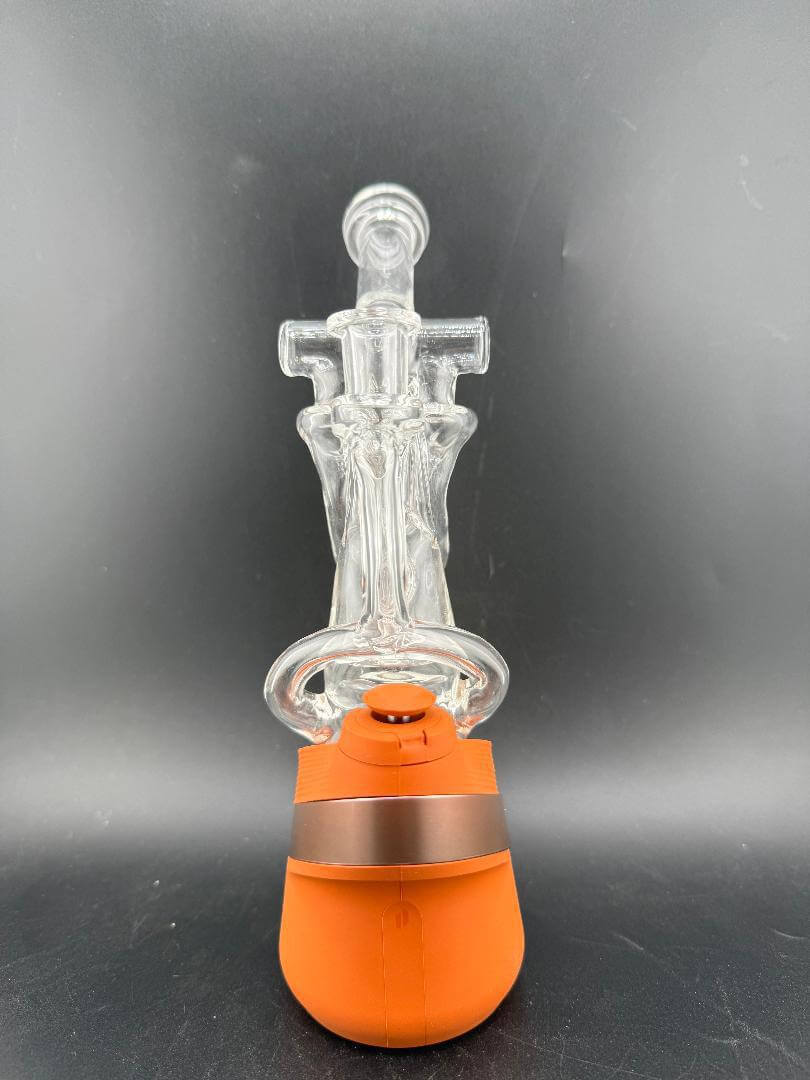 Domer Glass Puffco Peak Glass Attachment - Quad Recycler w/ Bubble Dumper & 10mm 90° showcased against a black background.