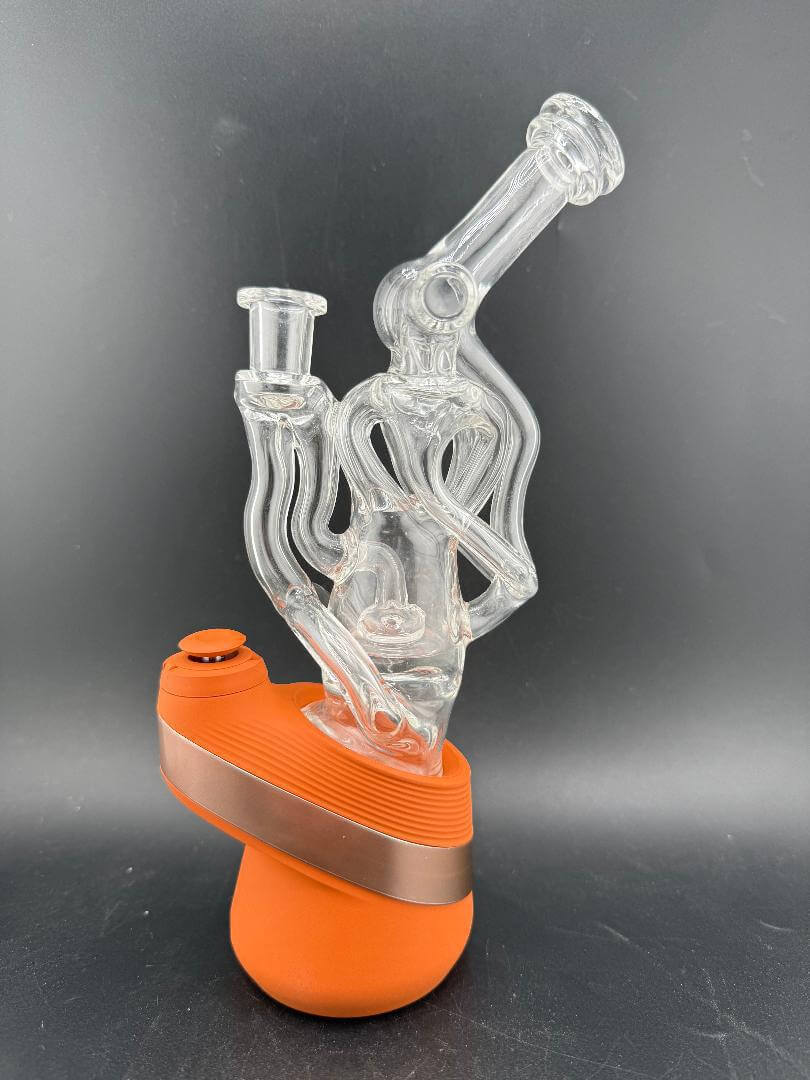 Domer Glass Puffco Peak Glass Attatchment - Quad Recycler w/ Bubble Dumper & 10mm 90° in clear glass and orange base.